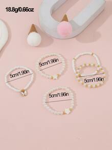 5pcs Girls' Butterfly Design Faux Pearl & Rice Shaped Bead Bracelet - White - View 5