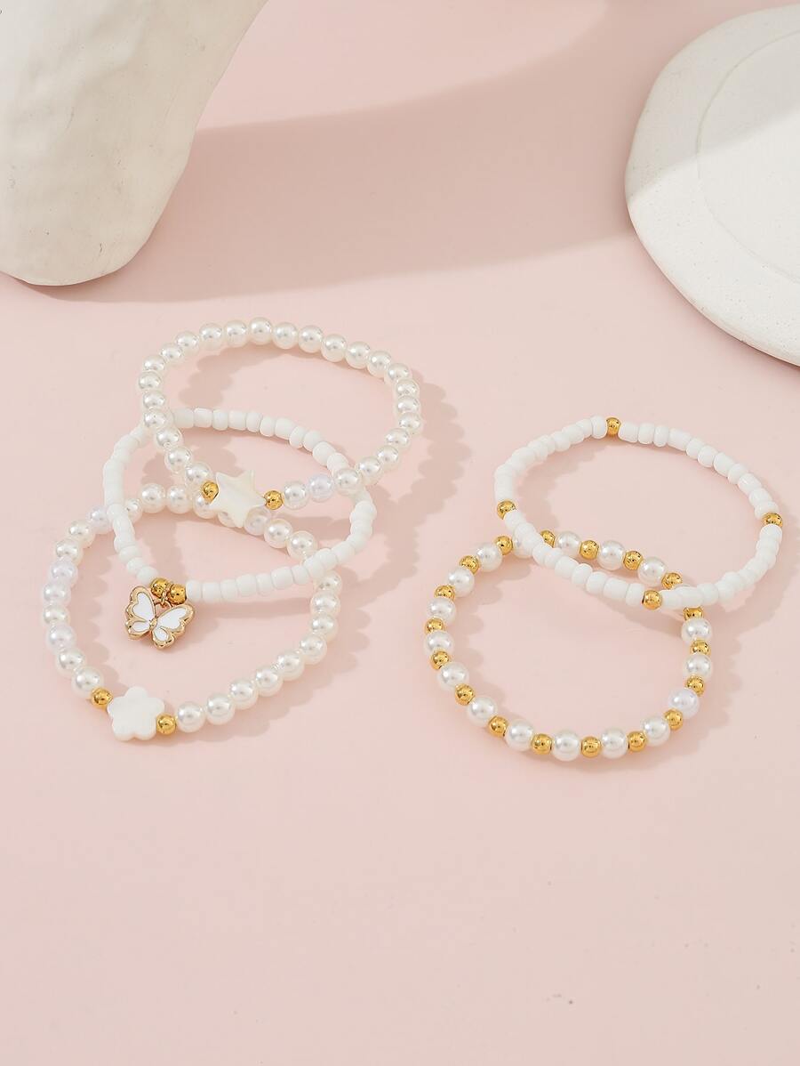 5pcs Girls' Butterfly Design Faux Pearl & Rice Shaped Bead Bracelet - White - View 1