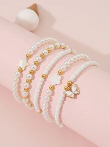 5pcs Girls' Butterfly Design Faux Pearl & Rice Shaped Bead Bracelet - White - View 3