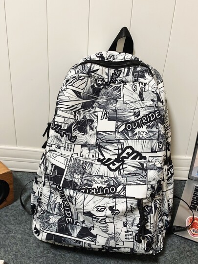 MINGHONG 尼龙涂鸦新生大容量书包中包商务旅行休闲字母背包帆布背包夏季学院包爸爸书包新生多功能宿舍男包鲨鱼元素休闲背包度假腰包圣诞礼物节日必备露营旅行包返校沙滩包笔记本电脑包运动生活