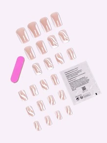 24 piezas blanco francés ondas de agua simple de colores Uñas falsas con plano cabeza cuadrada , junto con gelatina pegamento con Lima de uña
