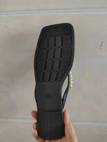 Size Lớn dành cho Nữ, Dép quai ngang mũi vuông màu đen thời trang có đế bằng ngọc trai - màu đen - Xem 4