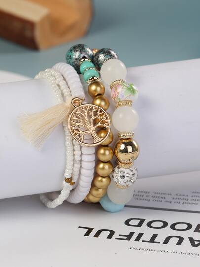 GAUEIOUR Braccialetto con perline Boho, con ciondolo a forma di albero della vita, braccialetto con nappe in legno multistrato, regalo di gioielli (verde militare, set di 4