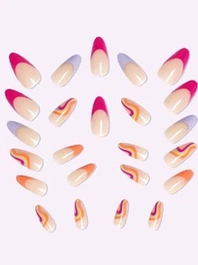 24入組/套透明杏仁形狀假指甲帶法語波浪樣式和美甲繪畫,帶果凍膠水和指甲銼 - 彩色 - 查看 3