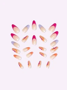 24入組/套透明杏仁形狀假指甲帶法語波浪樣式和美甲繪畫,帶果凍膠水和指甲銼 - 彩色 - 查看 4