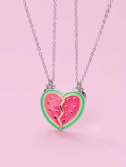 2pcs Watermelon & Heart Shape Zinc Alloy Oil Drip Magnet Pendant Necklaces Set As Cute Gift For Girls' Best Friends