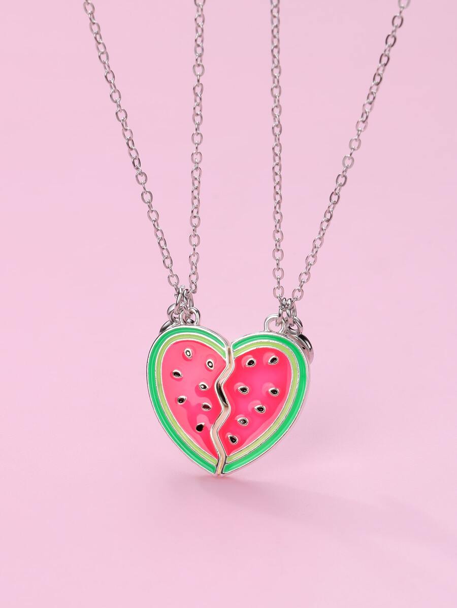 2pcs Watermelon & Heart Shape Zinc Alloy Oil Drip Magnet Pendant Necklaces Set As Cute Gift For Girls' Best Friends