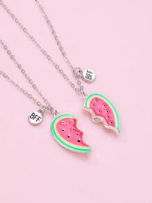 2pcs Watermelon & Heart Shape Zinc Alloy Oil Drip Magnet Pendant Necklaces Set As Cute Gift For Girls' Best Friends - Multicolor - View 4
