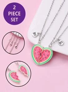 2pcs Watermelon & Heart Shape Zinc Alloy Oil Drip Magnet Pendant Necklaces Set As Cute Gift For Girls' Best Friends - Multicolor - View 5
