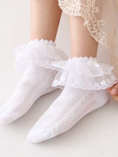 1 双女童白色网眼透气双层蕾丝蝴蝶结甜美可爱公主袜生日派对休闲度假百搭