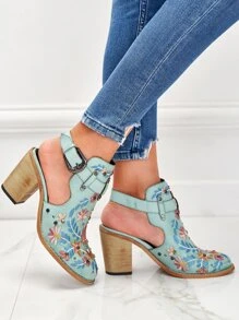 Giày bốt khu nghỉ dưỡng có gót đế vuông cổ điển đính hoa Back To School - Màu xanh lam - Xem 2