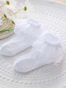 1 双女童白色网眼透气双层蕾丝蝴蝶结甜美可爱公主袜生日派对休闲度假百搭 - 白色 - 查看 3