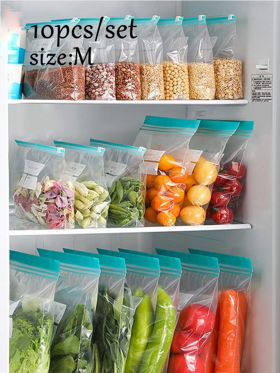 10入組塑料廚房袋,帶字圖案透明食品儲存袋,冰箱收納袋,購物袋,包裝袋,多功能收納袋,清晰袋,可重複使用