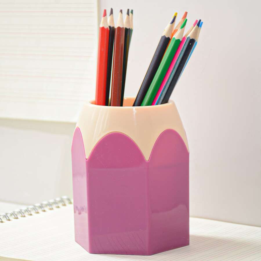 1pc Creative Cute Pencil Head Contrast Color Pen Holder, Office Desktop Organizer Plastic Pen Container With Large Capacity - Purple - View 1