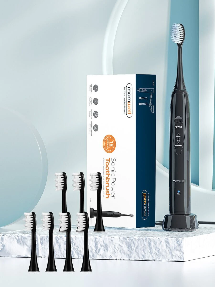 Mornwell Electric Toothbrush, 1Pc Black Abs Electric Toothbrush With 8Pcs Brush Head Whitening Toothbrush Teeth Cleaning Kit For Tooth Care - Black - View 1