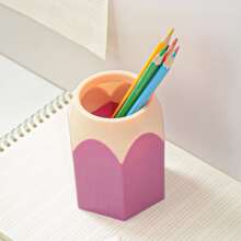1pc Creative Cute Pencil Head Contrast Color Pen Holder, Office Desktop Organizer Plastic Pen Container With Large Capacity - Purple - View 3