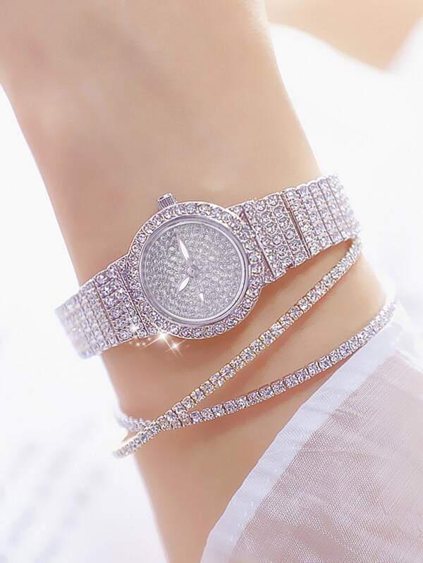 3pcs/Set Fashionable & Elegant Multi-Function Fully Rhinestone Decorated Women's Steel Band Quartz Watch Set, Paired With Rhinestone Jewelry Bracelet, Suitable For Evening Gala, Festivals, Parties, Weddings And Daily Wear, Also Ideal For Back To School, Graduation, Thanksgiving And Other Occasions, Best Gift For Women