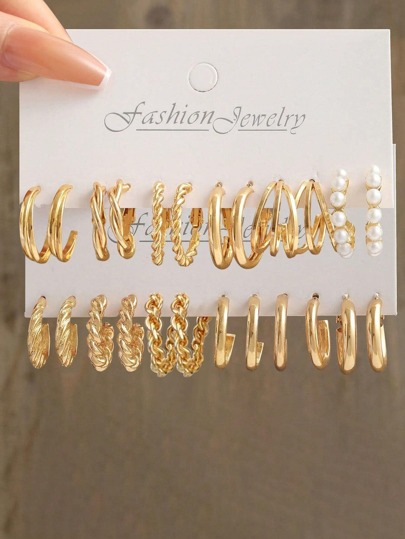 12pairs/Set Fashionable Zinc Alloy Faux Pearl Decor Cuff Hoop Earrings For Women For Gift