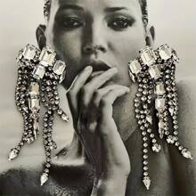 Vintage Hình Học Trong Suốt Nhân Tạo Pha Lê Tua Rua Mặt Dây Chuyền Bông Tai Ăn Tối Trang Sức Nữ Vuông Lớn Kim Cương Giả Dài Thả Hạt Tòn Ten Bông Tai - Bạc - Xem 1