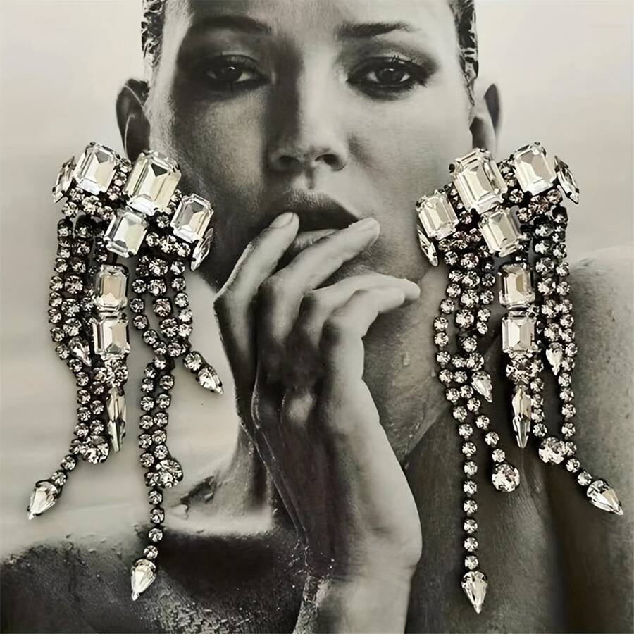 Vintage Hình Học Trong Suốt Nhân Tạo Pha Lê Tua Rua Mặt Dây Chuyền Bông Tai Ăn Tối Trang Sức Nữ Vuông Lớn Kim Cương Giả Dài Thả Hạt Tòn Ten Bông Tai - Bạc - Xem 1