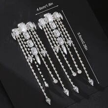 Vintage Hình Học Trong Suốt Nhân Tạo Pha Lê Tua Rua Mặt Dây Chuyền Bông Tai Ăn Tối Trang Sức Nữ Vuông Lớn Kim Cương Giả Dài Thả Hạt Tòn Ten Bông Tai - Bạc - Xem 3