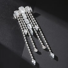 Vintage Hình Học Trong Suốt Nhân Tạo Pha Lê Tua Rua Mặt Dây Chuyền Bông Tai Ăn Tối Trang Sức Nữ Vuông Lớn Kim Cương Giả Dài Thả Hạt Tòn Ten Bông Tai - Bạc - Xem 4