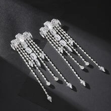 Vintage Hình Học Trong Suốt Nhân Tạo Pha Lê Tua Rua Mặt Dây Chuyền Bông Tai Ăn Tối Trang Sức Nữ Vuông Lớn Kim Cương Giả Dài Thả Hạt Tòn Ten Bông Tai - Bạc - Xem 5