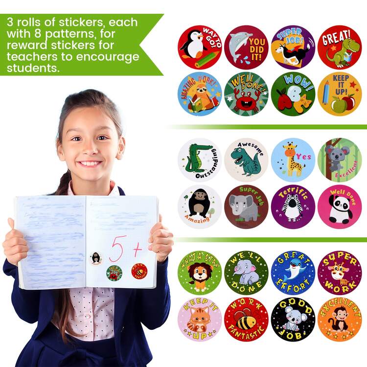 1500入組兒童獎勵貼紙，圓形可愛動物貼紙3卷，勵志獎勵貼紙，有趣的教師貼紙，適合兒童老師課堂學校用品 - 彩色 - 查看 3