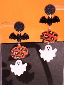 1對誇張南瓜和蝙蝠形狀亞克力懸垂耳環適合女士 - 彩色 - 查看 2