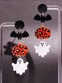1對誇張南瓜和蝙蝠形狀亞克力懸垂耳環適合女士 - 彩色 - 查看 1