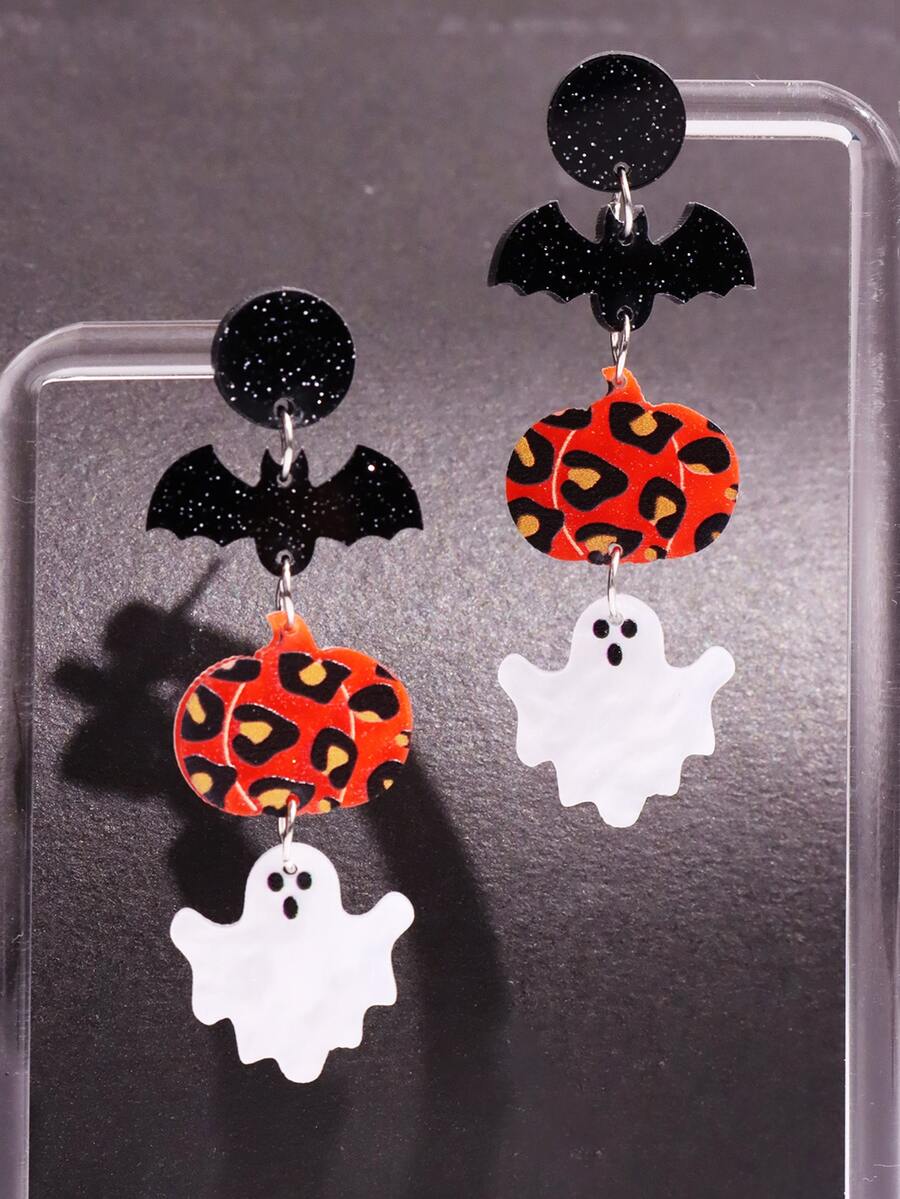 1對誇張南瓜和蝙蝠形狀亞克力懸垂耳環適合女士 - 彩色 - 查看 1