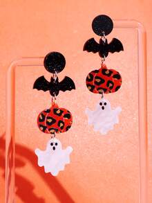 1對誇張南瓜和蝙蝠形狀亞克力懸垂耳環適合女士 - 彩色 - 查看 3