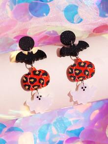 1對誇張南瓜和蝙蝠形狀亞克力懸垂耳環適合女士 - 彩色 - 查看 4