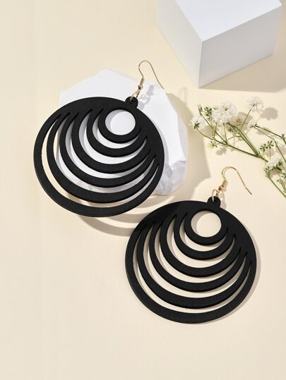 1 Pair Wireless Geometric Circle Wooden Pendant Earrings, Exaggerated Large Hoop Earrings