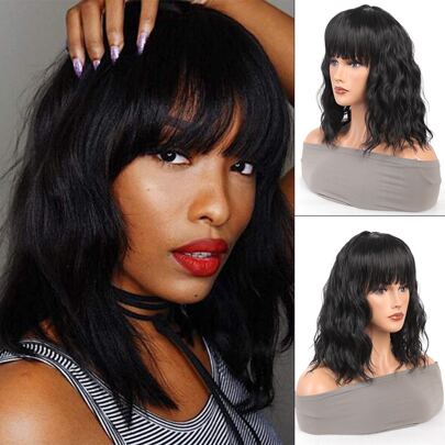 合成纖維女士黑色波浪假髮短頭套