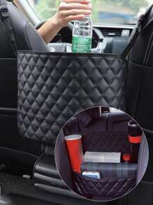 1pc Quilted Detail Car Storage Bag - Black - View 1
