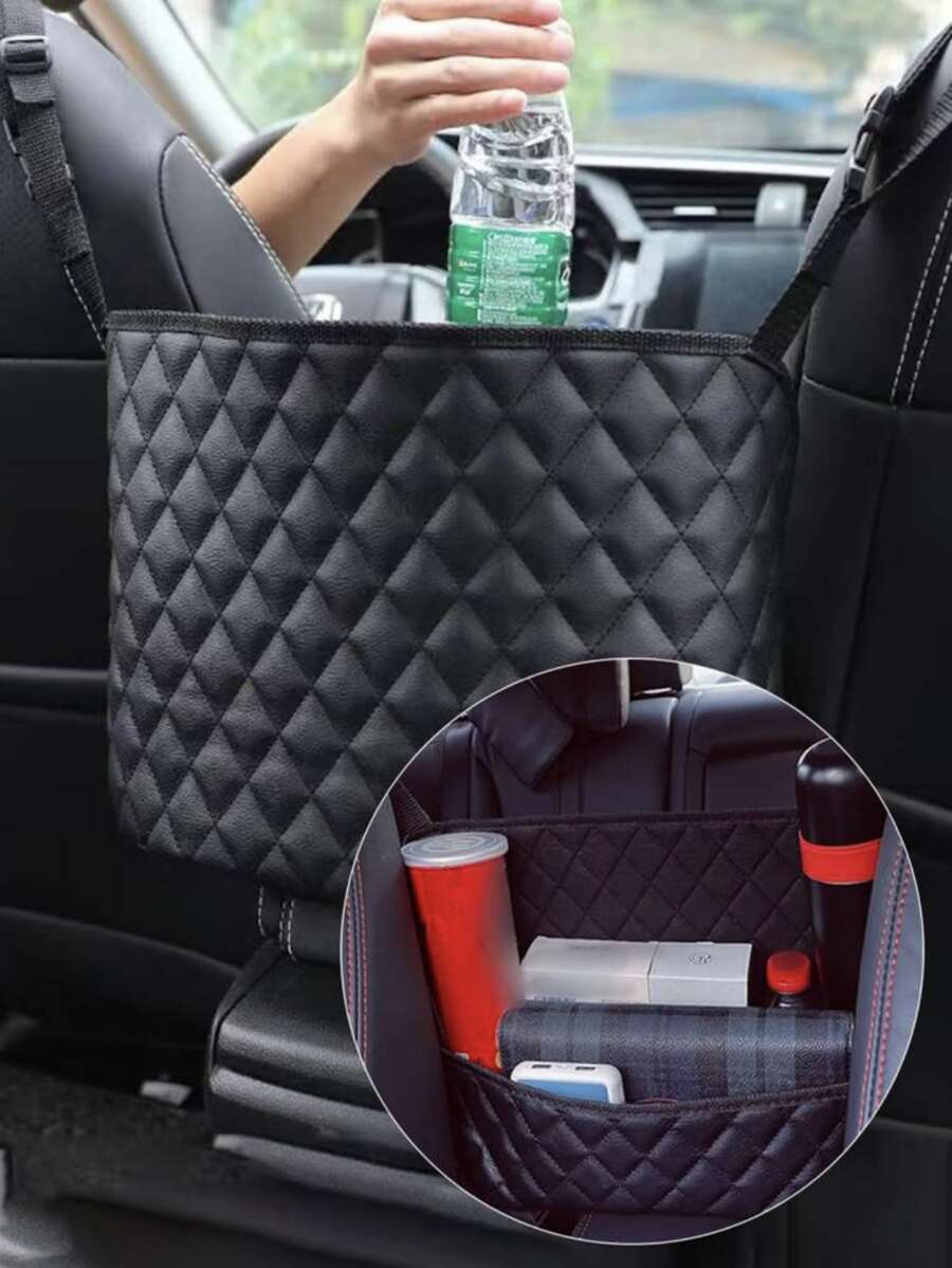 1pc Quilted Detail Car Storage Bag - Black - View 1