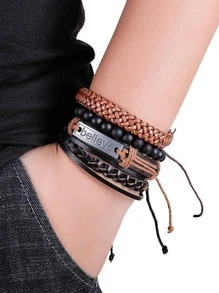 男士PU皮腰帶時尚休閒手錶帶錶盤,日曆,石英機芯&皮革手鐲套裝(5入組/套)