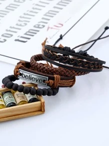 男士PU皮腰帶時尚休閒手錶帶錶盤,日曆,石英機芯&皮革手鐲套裝(5入組/套)