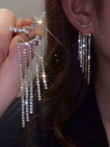 17KM 2入組全水鑽流蘇耳環,閃閃發光,合適適用於度假,派對,日期,禮品和日常穿著 - 銀色 - 查看 3