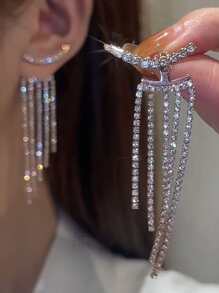 17KM 2入組全水鑽流蘇耳環,閃閃發光,合適適用於度假,派對,日期,禮品和日常穿著 - 銀色 - 查看 2