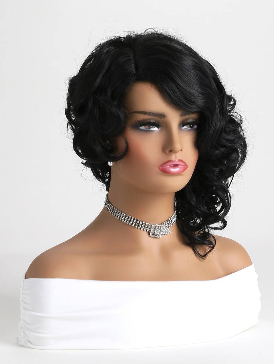 女士時尚合成纖維纖維短捲髮帶自然黑色顏色,側部分和劉海