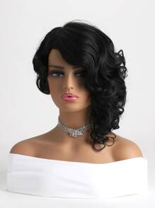 女士時尚合成纖維纖維短捲髮帶自然黑色顏色,側部分和劉海 - 黑色 - 查看 4