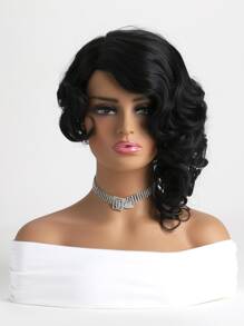 女士時尚合成纖維纖維短捲髮帶自然黑色顏色,側部分和劉海 - 黑色 - 查看 3