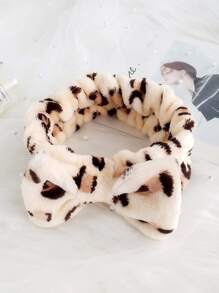 豹紋珊瑚絨浴室頭帶，配蝴蝶結，毛絨面洗臉化妝髮帶，適用於女性，可愛風格 - 彩色 - 查看 1