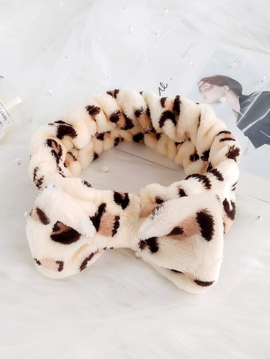 豹紋珊瑚絨浴室頭帶，配蝴蝶結，毛絨面洗臉化妝髮帶，適用於女性，可愛風格 - 彩色 - 查看 1