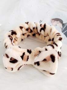豹紋珊瑚絨浴室頭帶，配蝴蝶結，毛絨面洗臉化妝髮帶，適用於女性，可愛風格 - 彩色 - 查看 2