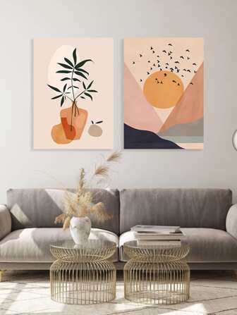 Bohemian Style Abstract Mountains Sun Birds Flower And Leaves Art Canvas Print Home Decoration For Living Room 3 Sizes Framed Ready To Hang