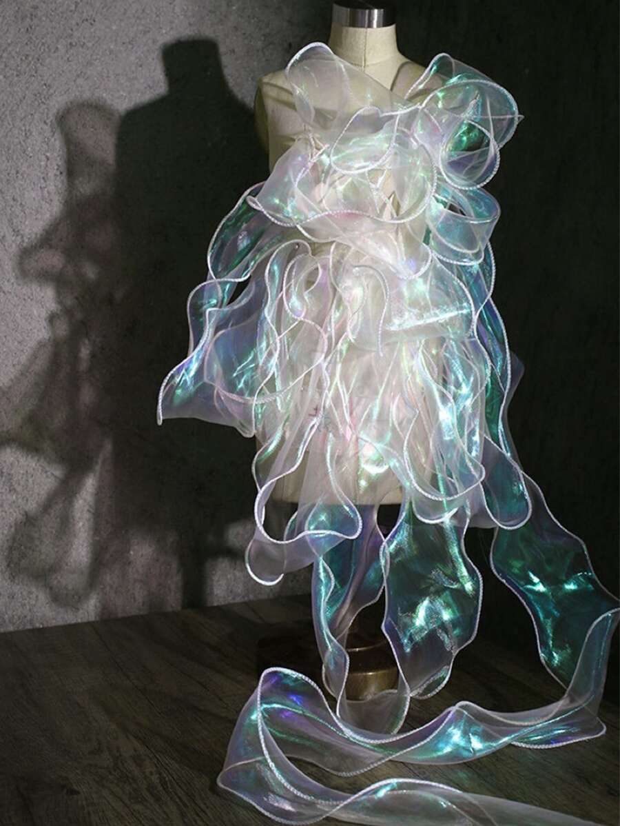 1pc, 3 Size Options (6cm), Mermaid Waves & Ruffle Trim Iridescent Fish Tail Veil Hair Accessory With Bowknot, Jellyfish Light Toy, Cake Packaging Ribbon, Diy Laser Gradient Lace Decoration Material,Christmas - White - View 1