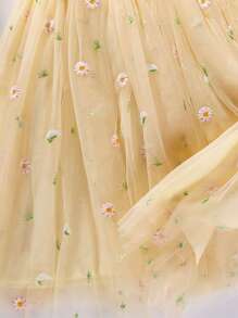 女嬰花卉刺繡褶邊網紗覆蓋連衣裙 - 黃色 - 查看 9